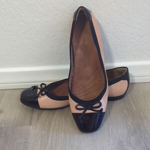 Clarks W12 Flats, Black&Cream Square Patent Toe, Bow & Black Patent Back
